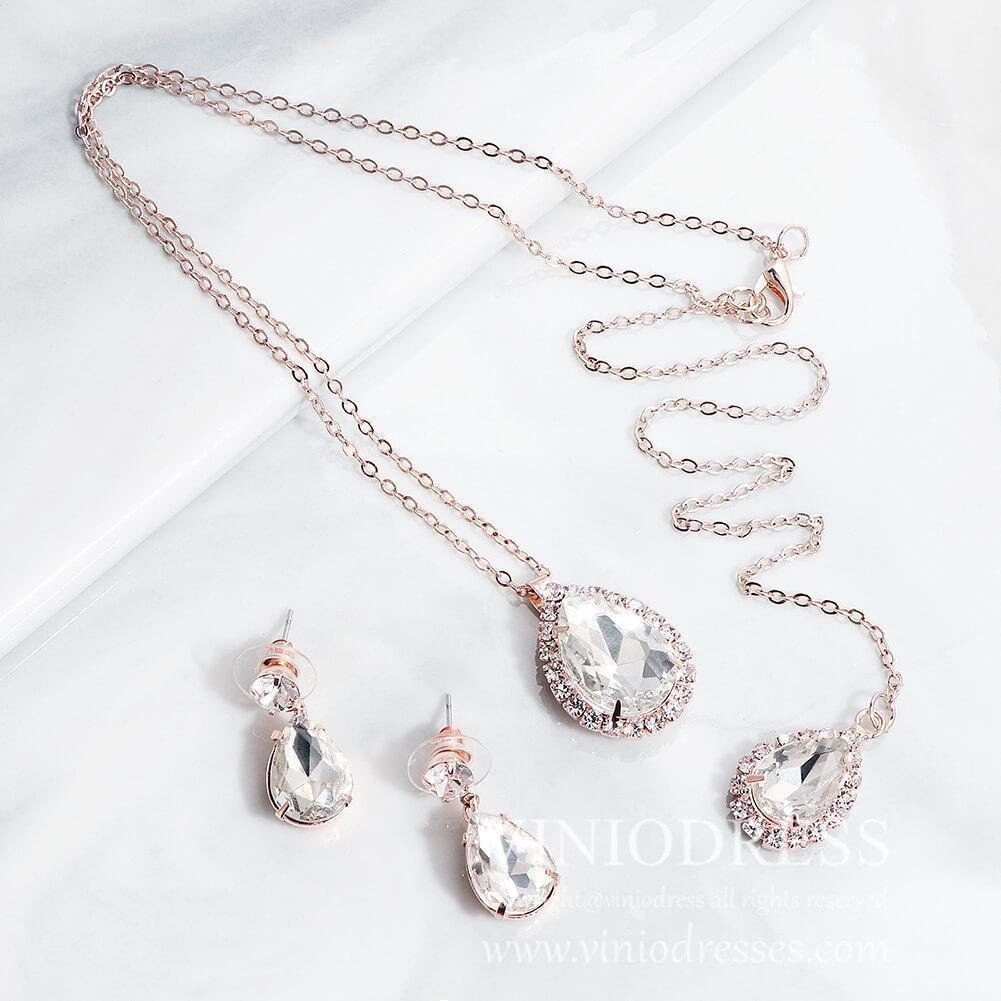 Teardrop Stone Backdrop Necklace & Earrings Set Viniodress AC1072-Bridal Jewelry-Viniodress-Rose Gold-Viniodress
