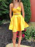 Two Piece Gold Satin Homecoming Dresses with Pockets SD1279-homecoming dresses-Viniodress-Gold-Custom Size-Viniodress