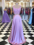 Two Piece Lace-up Satin Prom Dresses Wide Strap Evening Dress FD2027-prom dresses-Viniodress-Lilac-Custom Size-Viniodress