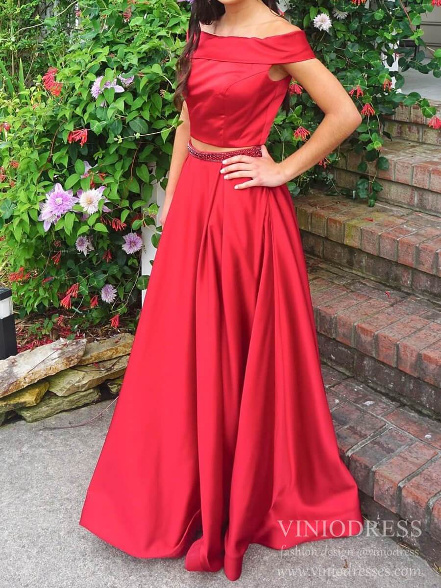 Two Piece Off the Shoulder Red Satin Prom Dresses Cheap Formal Dress FD2035-prom dresses-Viniodress-Red-Custom Size-Viniodress