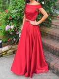 Two Piece Off the Shoulder Red Satin Prom Dresses Cheap Formal Dress FD2035
