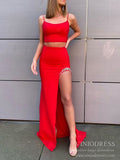 Two Piece Sheath Red Evening Dress Lace Up Sexy Prom Dress with Slit FD2076
