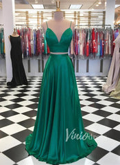 Two Piece Simple Prom Dresses Emerald Green Formal Dress