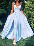 V Neck A-line Light Blue Long Bridesmaid Dresses with Slit VB1027