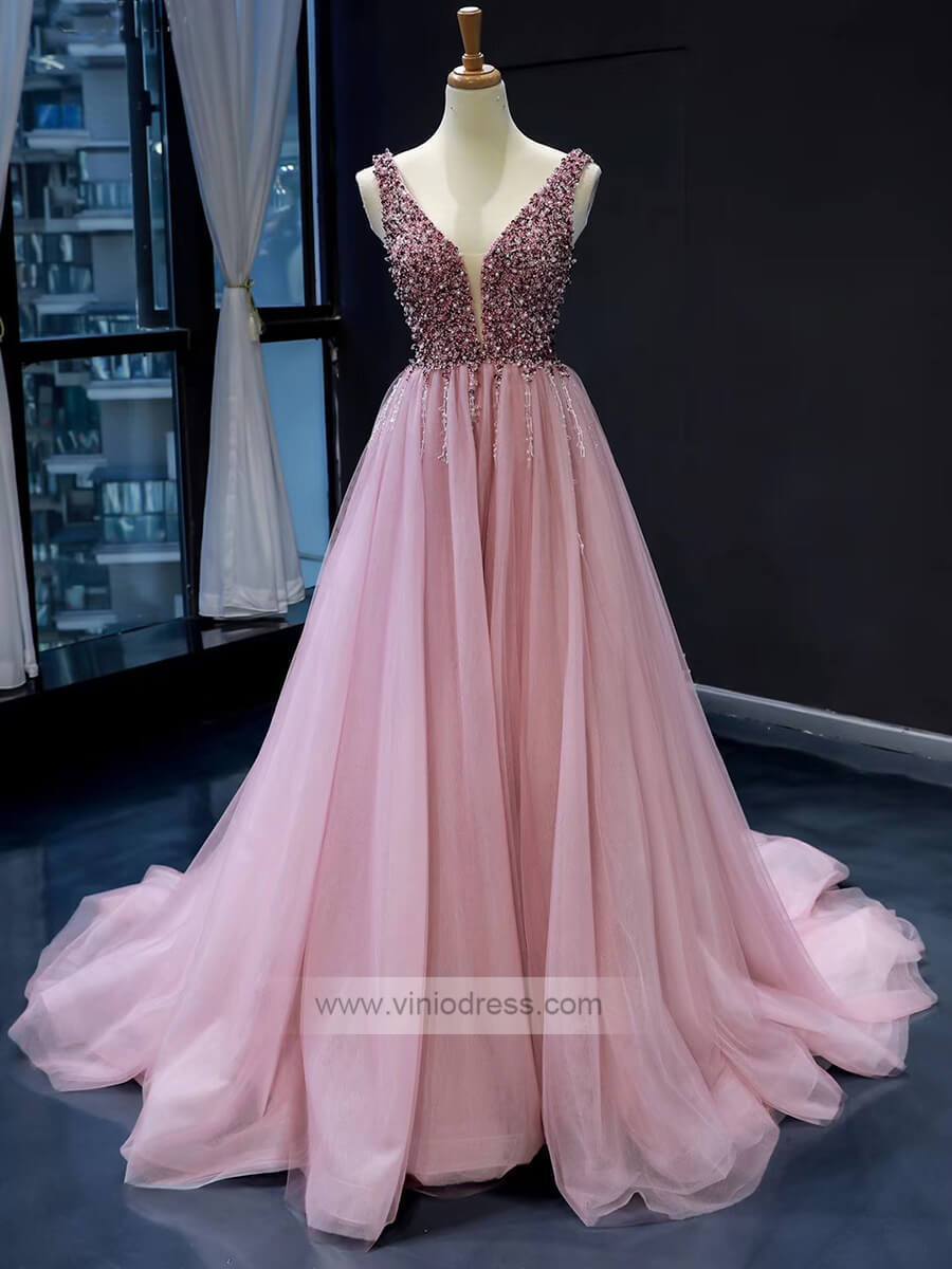 V Neck Beaded Long Prom Dresses Pink Tulle Formal Dress FD1248-prom dresses-Viniodress-Pink-US 2-Viniodress