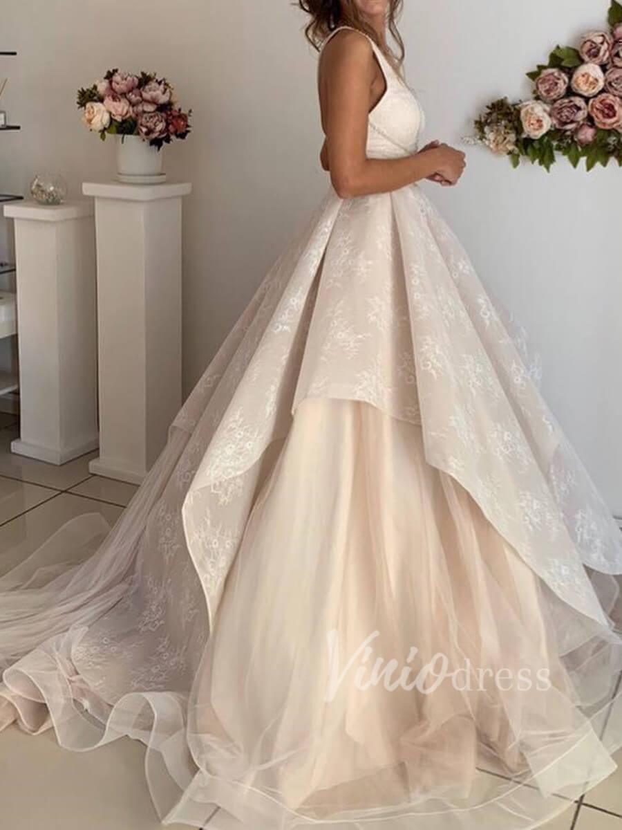 V Neck Champagne Lace Wedding Dresses Open Back VW1269-wedding dresses-Viniodress-Champagne-Custom Size-Viniodress