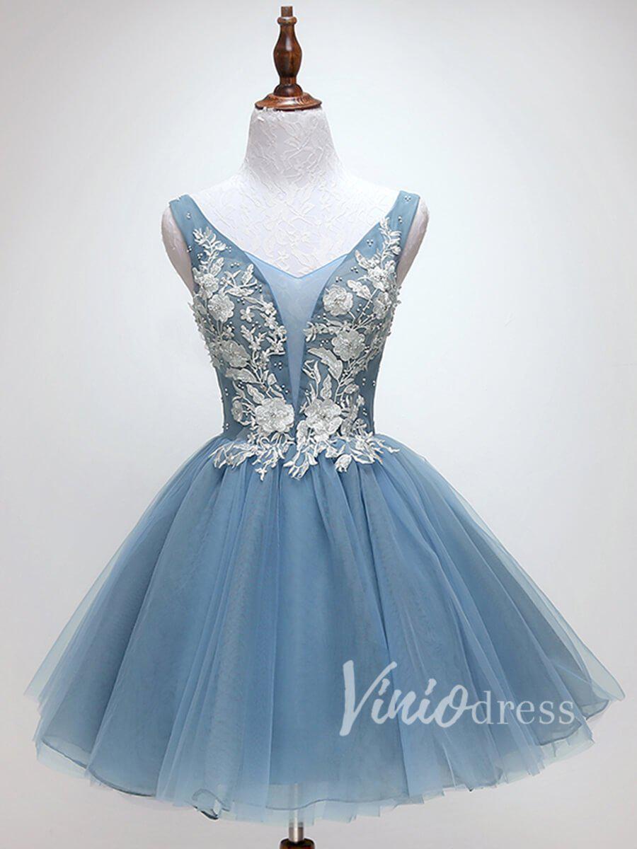 V Neck Floral Slate Blue Homecoming Dresses 2019 SD1165-homecoming dresses-Viniodress-Slate Blue-Custom Size-Viniodress