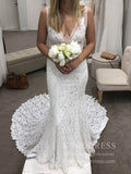 V Neck Mermaid Lace Wedding Dresses with Pockets VW1226