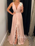V Neck Pink Chiffon & Lace Formal Dresses with Slit FD1561