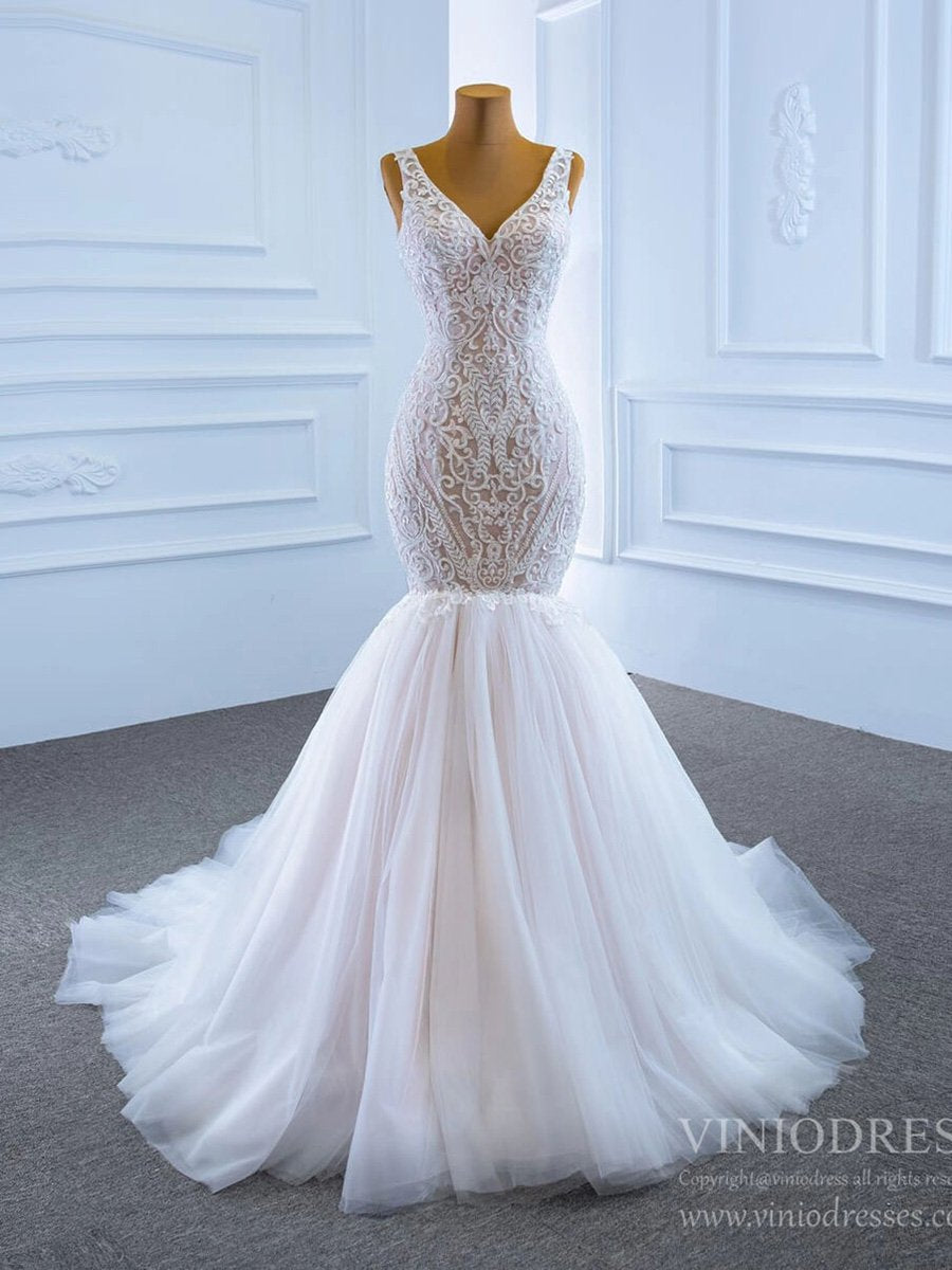 V-neck Blush Mermaid Wedding Dresses Beaded Lace Bridal Dress VW1779-wedding dresses 2025 -Viniodress-As Picture-Custom Size-