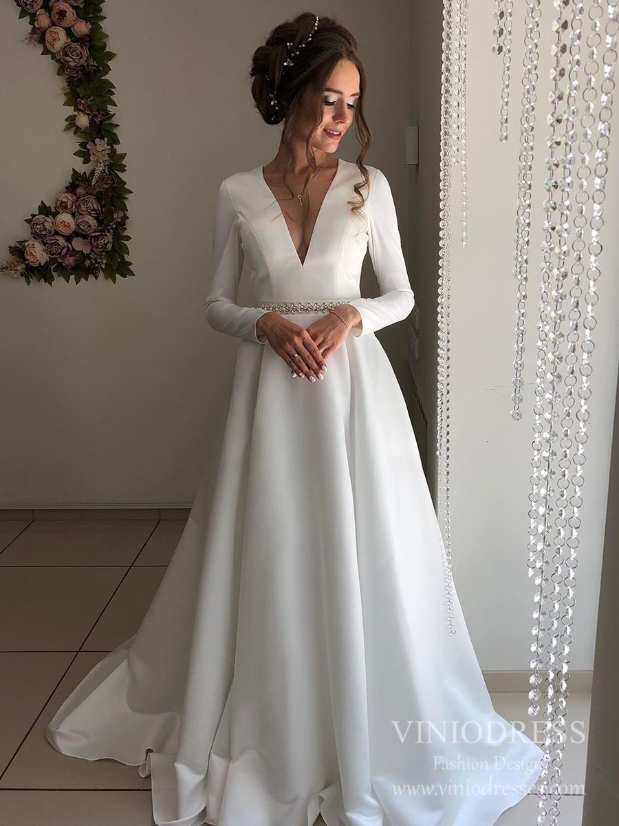 V-neck Open Back Long Sleeve Satin Wedding Dresses with Pockets VW1832-wedding dresses-Viniodress-Ivory-Custom Size-Viniodress