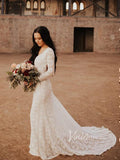 V-neck Sheath Lace Wedding Dresses with Sleeves Viniodress VW1071