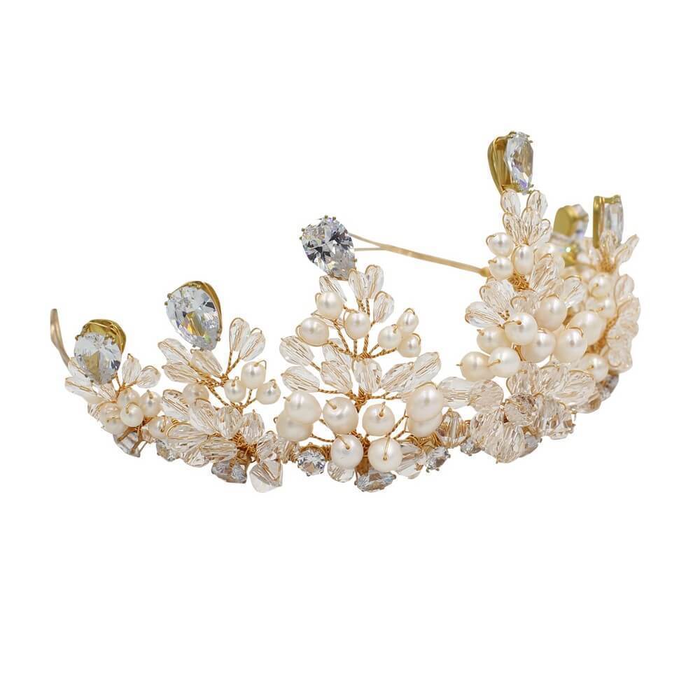Vintage Crystal and Pearls Tiara for Bride AC1207-Headpieces-Viniodress-Gold-Viniodress