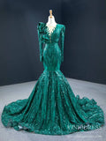 Vintage Emerald Green Sequin Prom Dresses with Long Sleeve FD2407