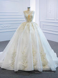 Vintage Gold Lace Wedding Dresses Plunging V Neck Wedding Gown VW1774