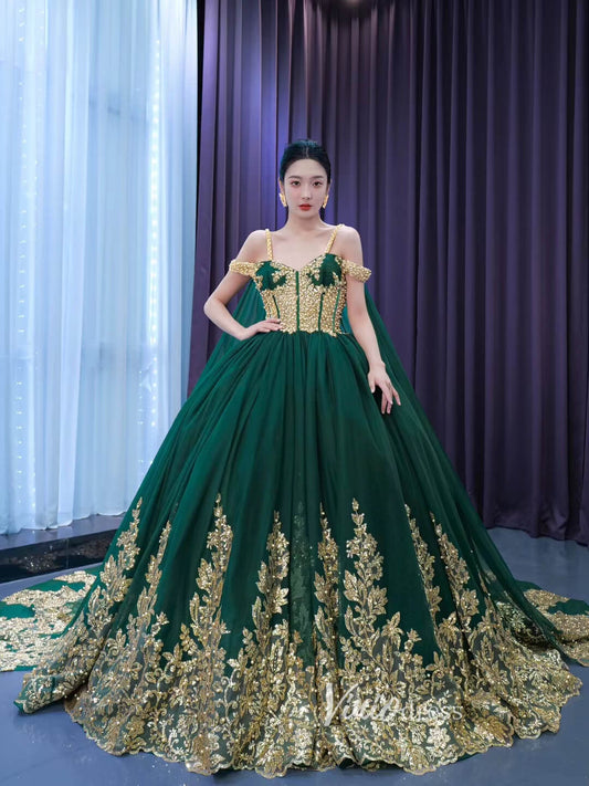 Vintage Gold Wedding Dress Cape Sleeve Cinderella Ball Gown 222194-Quinceanera Dresses 2025 -Viniodress-Emerald Green-Custom Size-