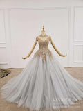 Vintage High Neck Grey Tulle Ball Gown Gold Lace Appliqued Prom Dresses FD2302