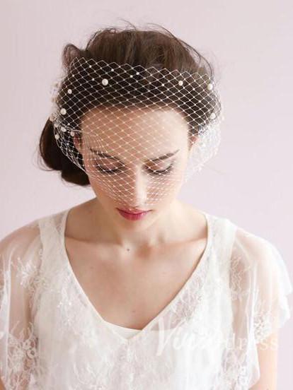 Vintage Ivory Mesh Birdcage Wedding Veils with Pearls ACC1085-Veils-Viniodress-Ivory-Viniodress
