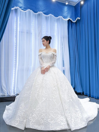 Vintage Lace Wedding Gowns Off Shoulder Long Sleeve Wedding Dresses VW1022-wedding dresses 2025 -Viniodress-As Picture-Custom Size-