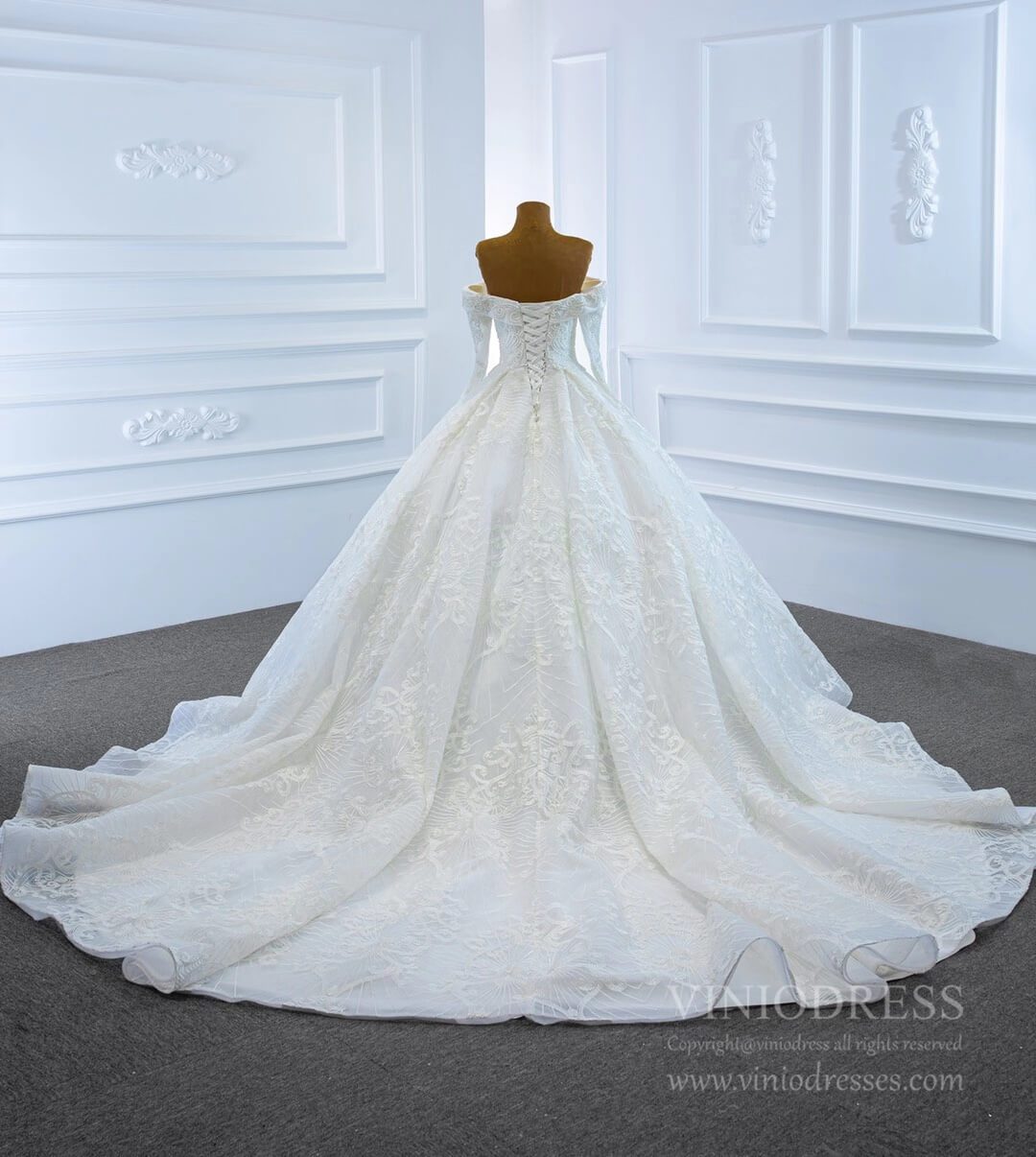 Vintage Lace Wedding Gowns Off Shoulder Long Sleeve Wedding Dresses VW1022-wedding dresses 2025 -Viniodress-As Picture-Custom Size-