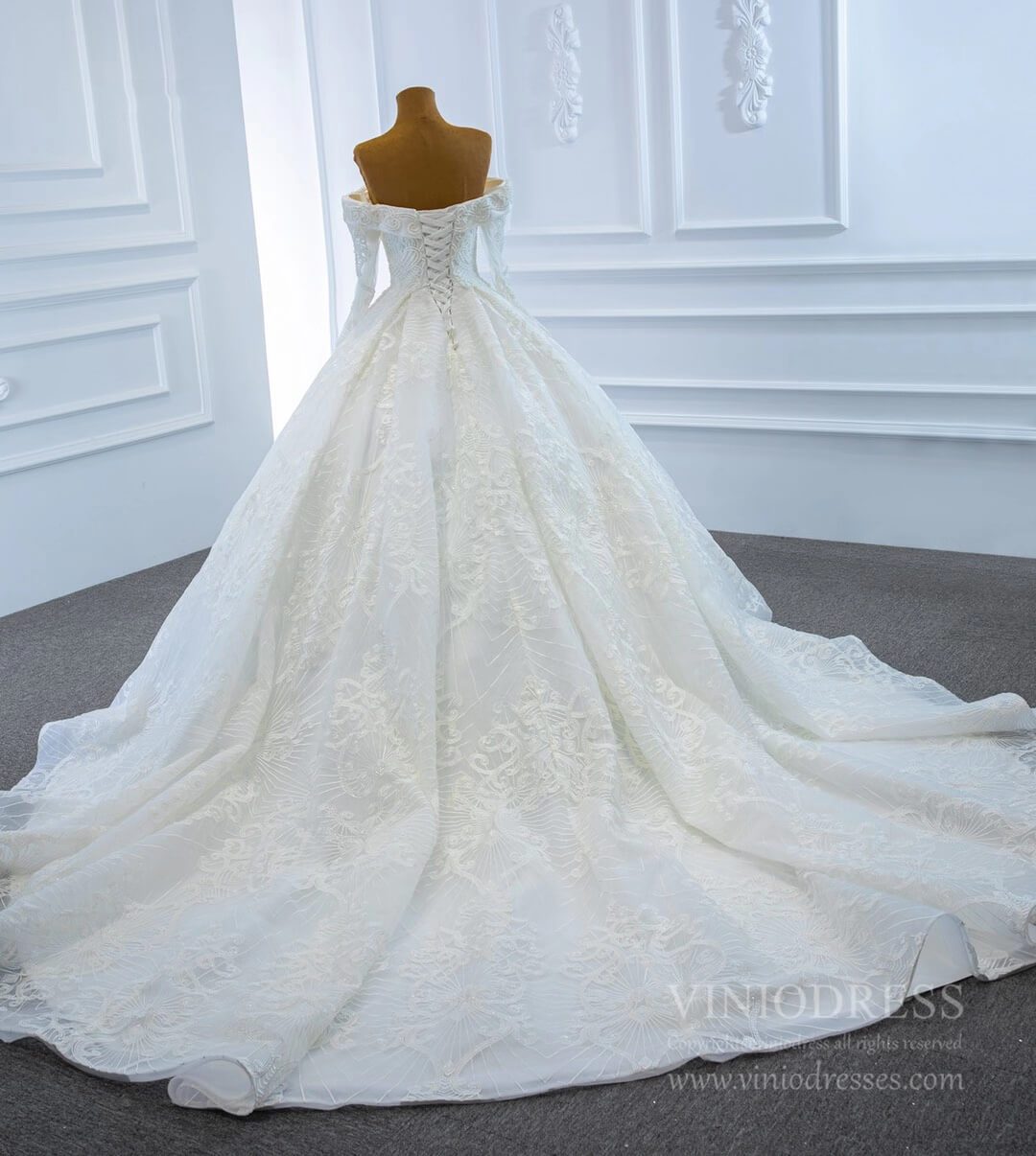 Vintage Lace Wedding Gowns Off Shoulder Long Sleeve Wedding Dresses VW1022-wedding dresses 2025 -Viniodress-As Picture-Custom Size-