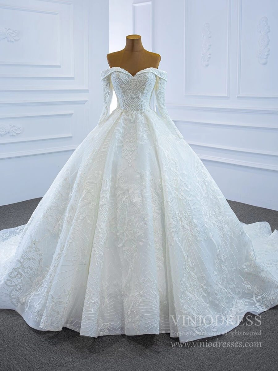 Vintage Lace Wedding Gowns Off Shoulder Long Sleeve Wedding Dresses VW1022-wedding dresses 2025 -Viniodress-As Picture-Custom Size-