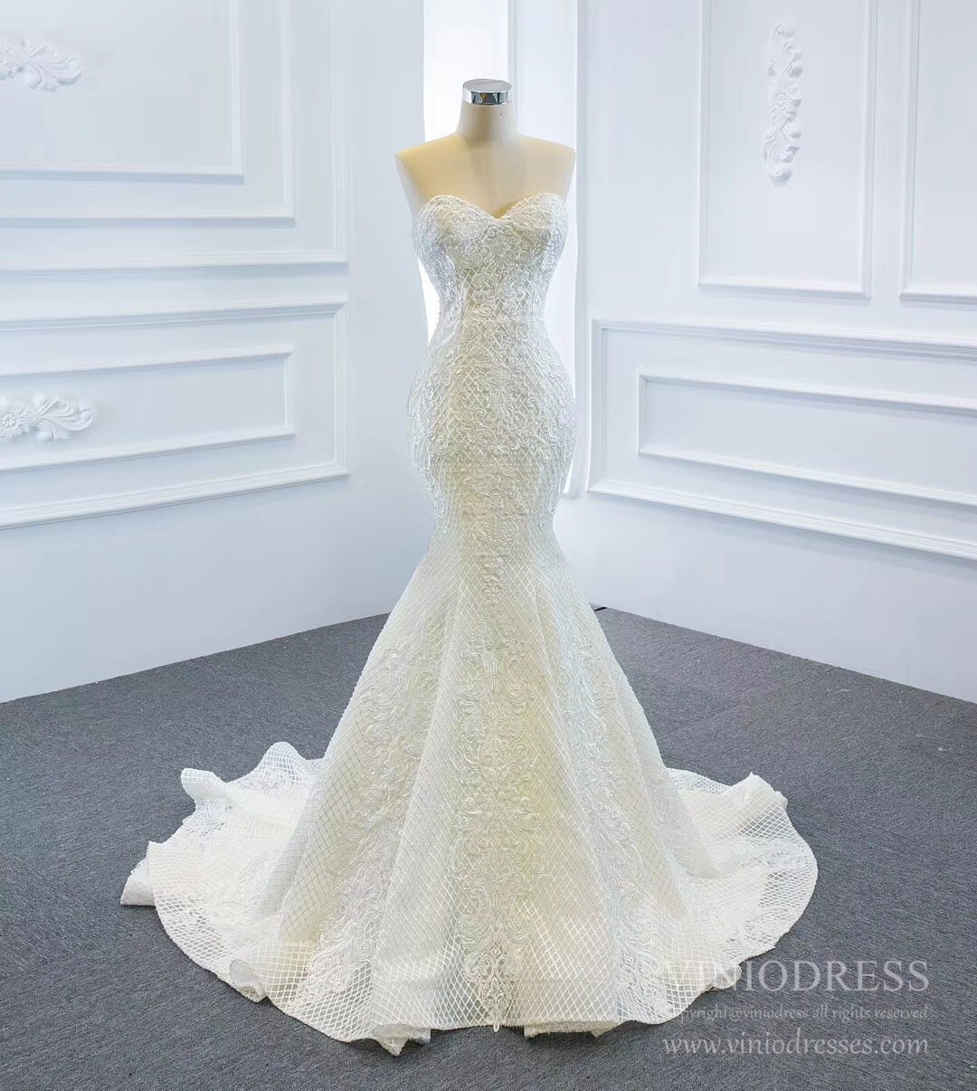 Vintage Mermaid Lace Wedding Dresses with Removable Skirt VW1801-wedding dresses 2025 -Viniodress-Ivory-Custom Size-