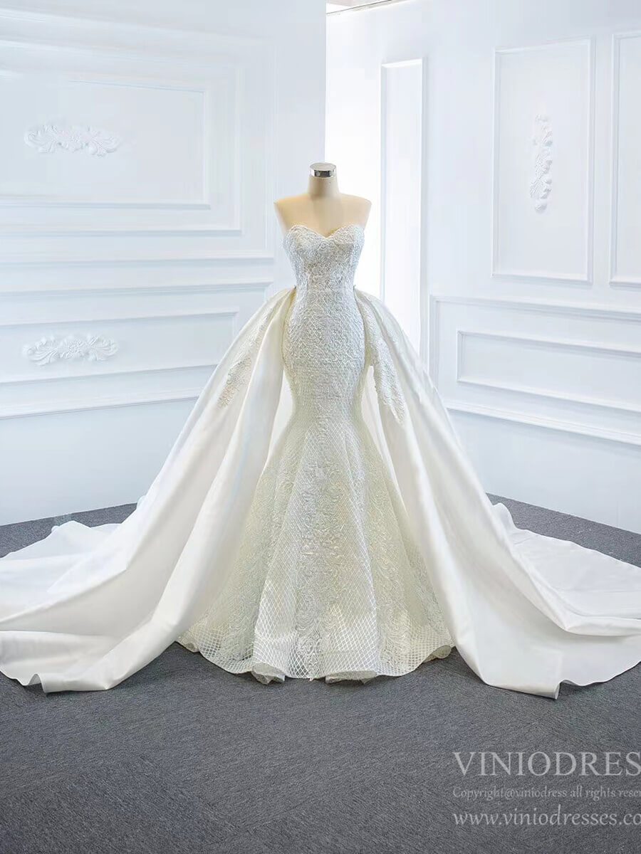 Vintage Mermaid Lace Wedding Dresses with Removable Skirt VW1801-wedding dresses 2025 -Viniodress-Ivory-Custom Size-