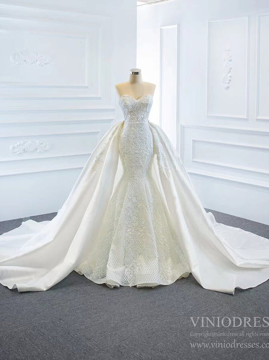 Vintage Mermaid Lace Wedding Dresses with Removable Skirt VW1801-wedding dresses 2025 -Viniodress-Ivory-Custom Size-