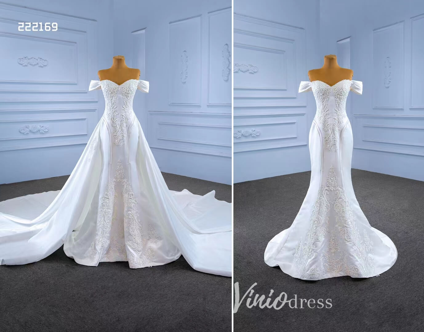 Vintage Mermaid Satin Wedding Dresses with Removable Overskirt 222169-wedding dresses 2025 -Viniodress-Ivory-Custom Size-