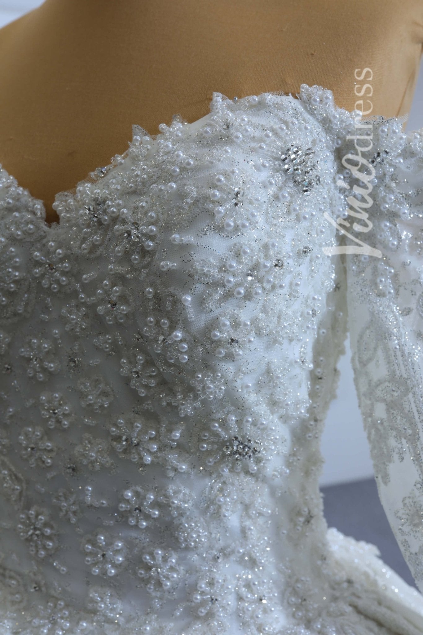 Vintage Off the Shoulder Beaded Lace Wedding Dresses with Long Sleeves 67224-wedding dresses 2025 -Viniodress-Ivory-Custom Size-