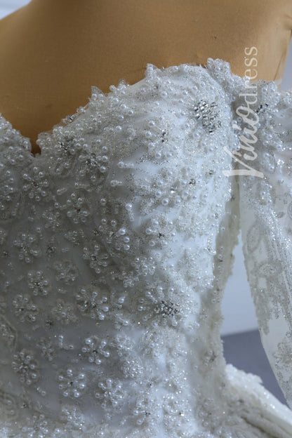 Vintage Off the Shoulder Beaded Lace Wedding Dresses with Long Sleeves 67224-wedding dresses 2025 -Viniodress-Ivory-Custom Size-