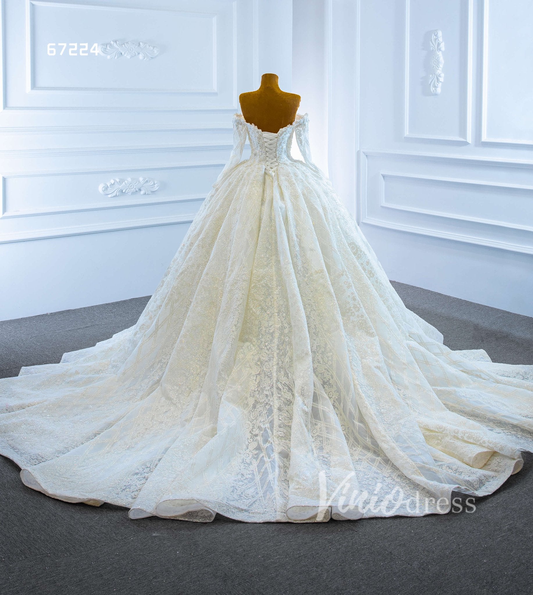 Vintage Off the Shoulder Beaded Lace Wedding Dresses with Long Sleeves 67224-wedding dresses 2025 -Viniodress-Ivory-Custom Size-