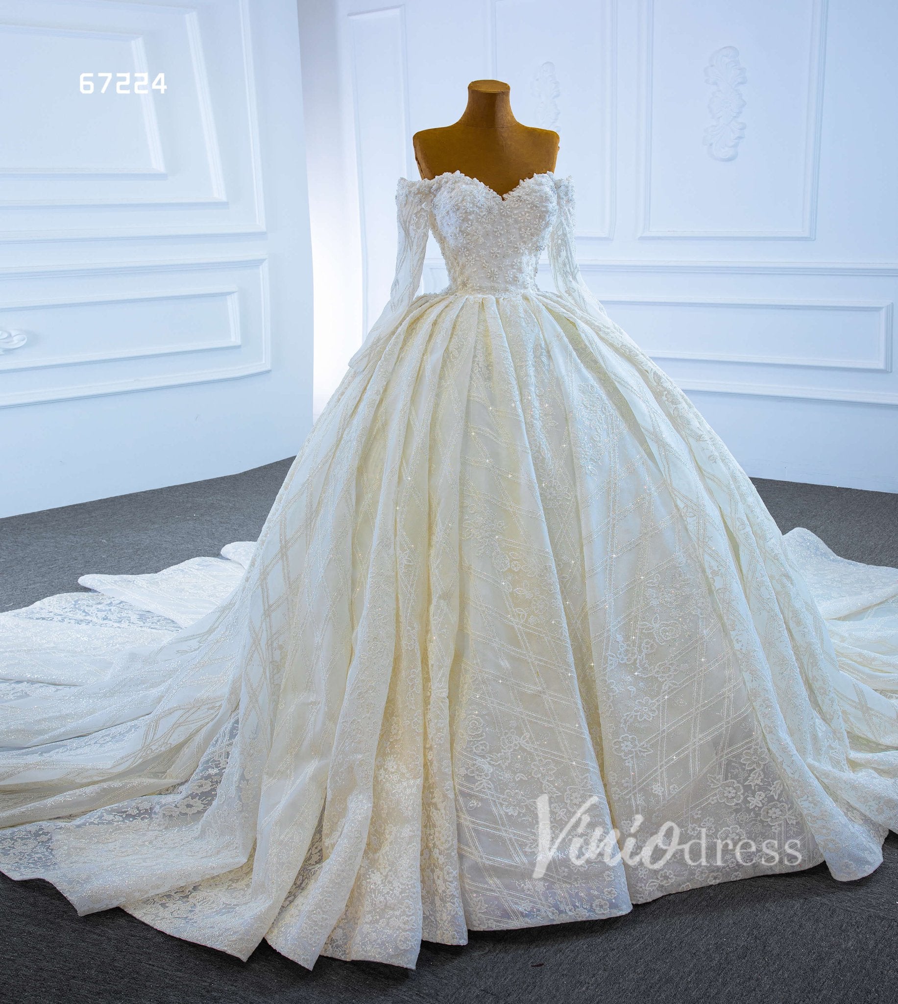 Vintage Off the Shoulder Beaded Lace Wedding Dresses with Long Sleeves 67224-wedding dresses 2025 -Viniodress-Ivory-Custom Size-
