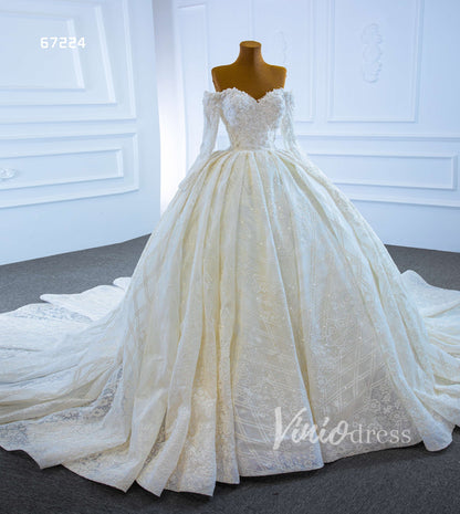 Vintage Off the Shoulder Beaded Lace Wedding Dresses with Long Sleeves 67224-wedding dresses 2025 -Viniodress-Ivory-Custom Size-