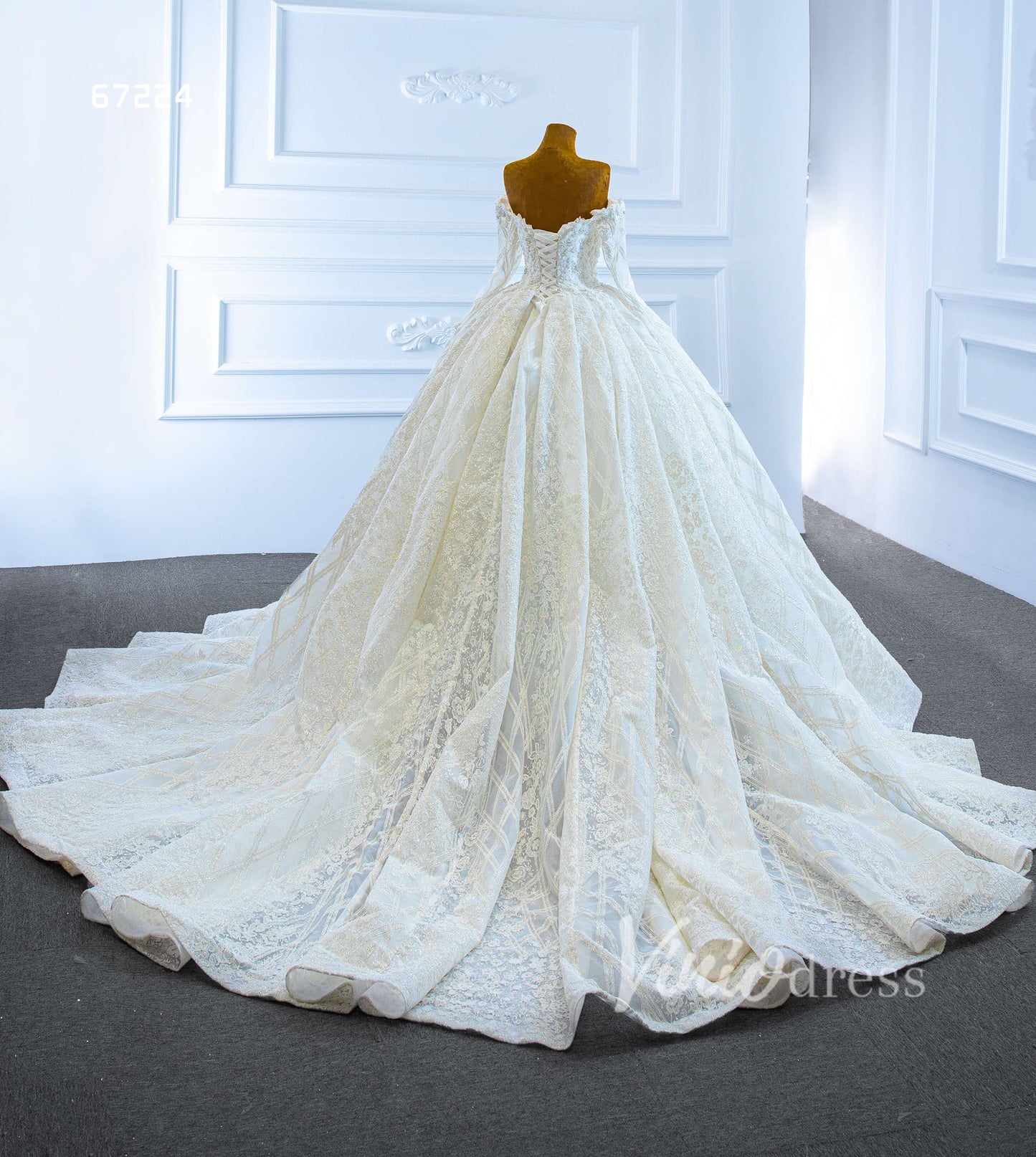 Vintage Off the Shoulder Beaded Lace Wedding Dresses with Long Sleeves 67224-wedding dresses 2025 -Viniodress-Ivory-Custom Size-