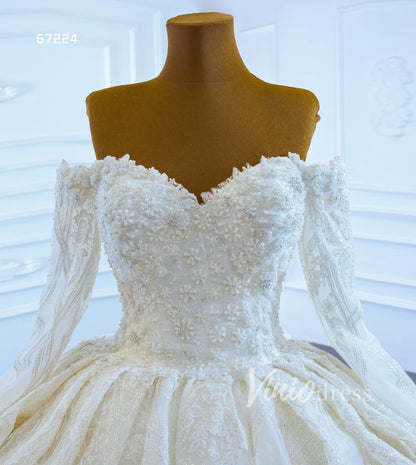 Vintage Off the Shoulder Beaded Lace Wedding Dresses with Long Sleeves 67224-wedding dresses 2025 -Viniodress-Ivory-Custom Size-