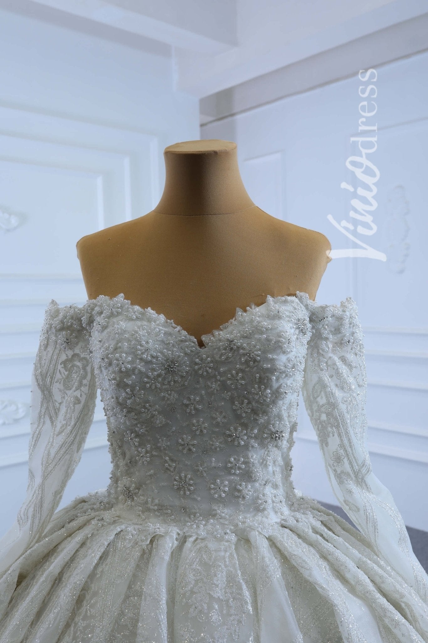 Vintage Off the Shoulder Beaded Lace Wedding Dresses with Long Sleeves 67224-wedding dresses 2025 -Viniodress-Ivory-Custom Size-