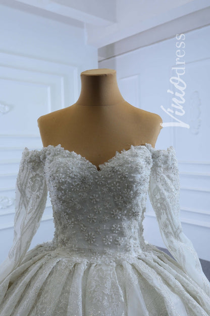 Vintage Off the Shoulder Beaded Lace Wedding Dresses with Long Sleeves 67224-wedding dresses 2025 -Viniodress-Ivory-Custom Size-