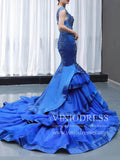 Vintage Royal Blue Beaded Mermaid Prom Dresses Cap Sleeve Pageant Gown FD1764