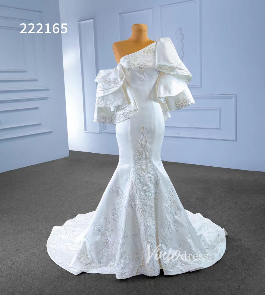 Vintage Satin Mermaid Wedding Dresses Ruffle Sleeves 222165-wedding dresses 2025 -Viniodress-Ivory-Custom Size-