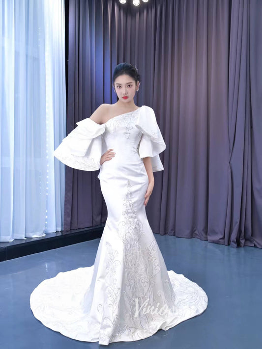 Vintage Satin Mermaid Wedding Dresses Ruffle Sleeves 222165-wedding dresses 2025 -Viniodress-Ivory-Custom Size-
