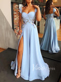 Vintage Simple Light Blue Prom Dresses with Slit FD1506