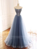 Vintage Strapless Beaded Slate Blue Prom Dresses Long FD1659