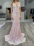 Wide Strap Silver Sequin Prom Dresses Plunging V Pink Formal Dress FD2104
