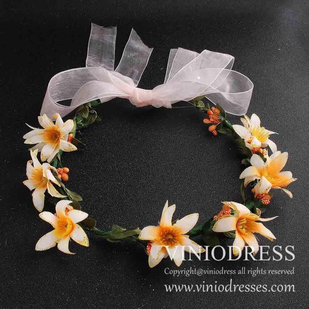 Yellow Flower Crown Headband with Pink Ribbon Tie AC1050-Floral Crowns-Viniodress-Gold-Viniodress