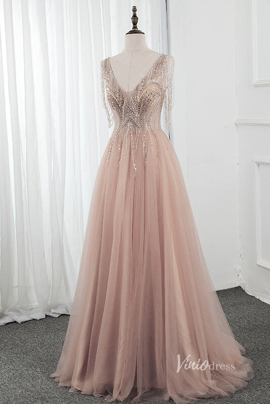 A-line Beaded Champagne Blush Tulle Prom Dresses 2022 FD2797-prom dresses-Viniodress-Viniodress