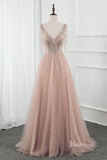 A-line Beaded Champagne Blush Tulle Prom Dresses 2022 FD2797-prom dresses-Viniodress-Blush Pink-US 2-Viniodress