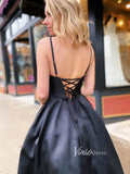 A-line Black Satin Prom Dress with Pockets Beaded V-neck Formal Gown FD2720-prom dresses-Viniodress-Viniodress