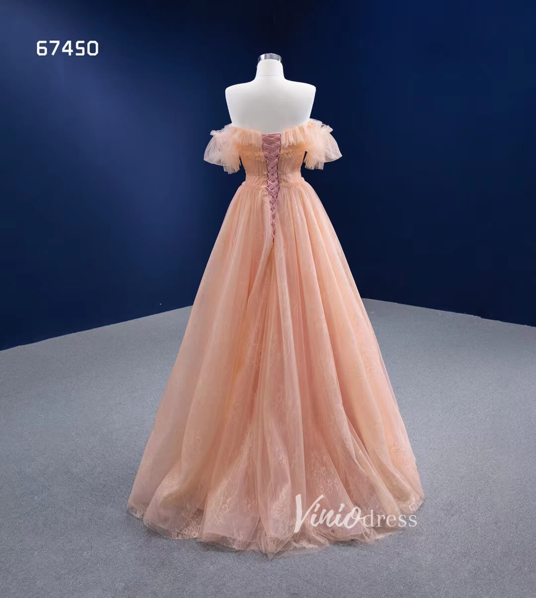 A-line Peach Tulle Prom Dresses Off the Shoulder Long Formal Dress 67450-prom dresses-Viniodress-Viniodress